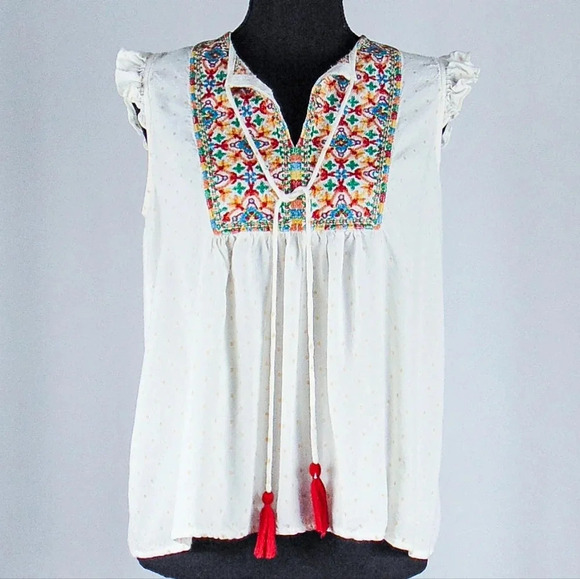 Aruba Blue Tops - Aruba Blue Sleeveless Blouse, Ruffled Detail, Floral Embroidery sz M